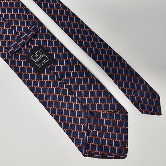 IKE BEHAR SILK TIE BLUE ORANGE BRICK STRIPE TEXTURED LUXURY 3.75" X 60" - Picture 2 of 2